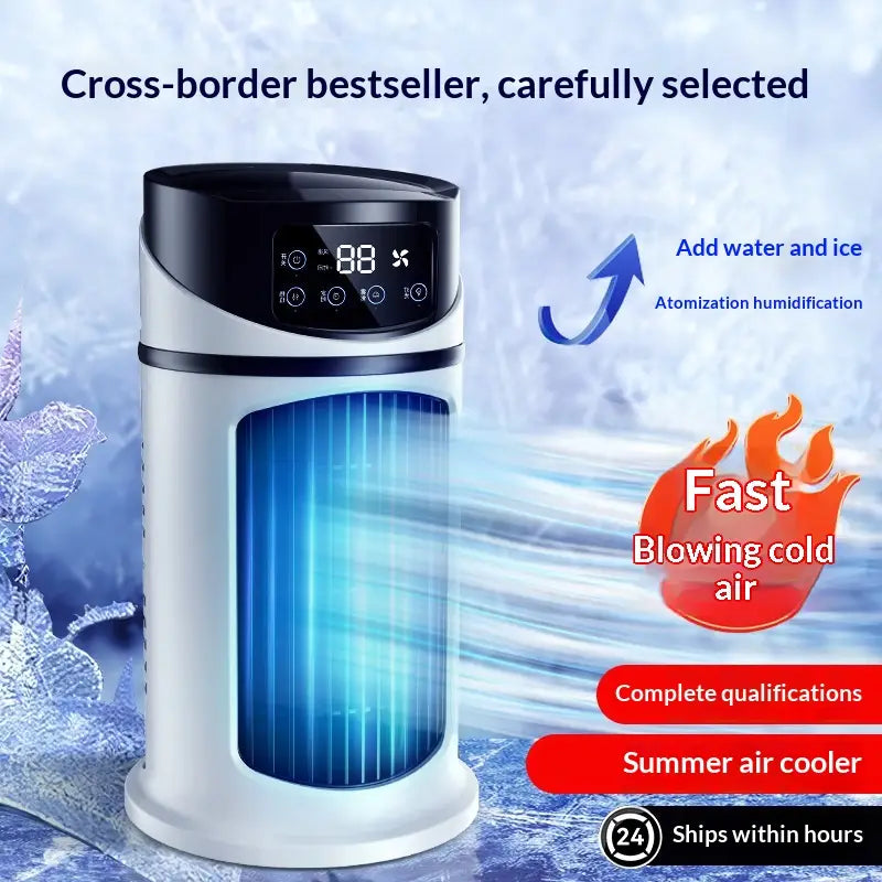 Ventilador de enfriador de aire portátil USB de estilo torre blanco y negro con pantalla digital que muestra 88 grados Fahrenheit y tecnología de humidificación por atomización.