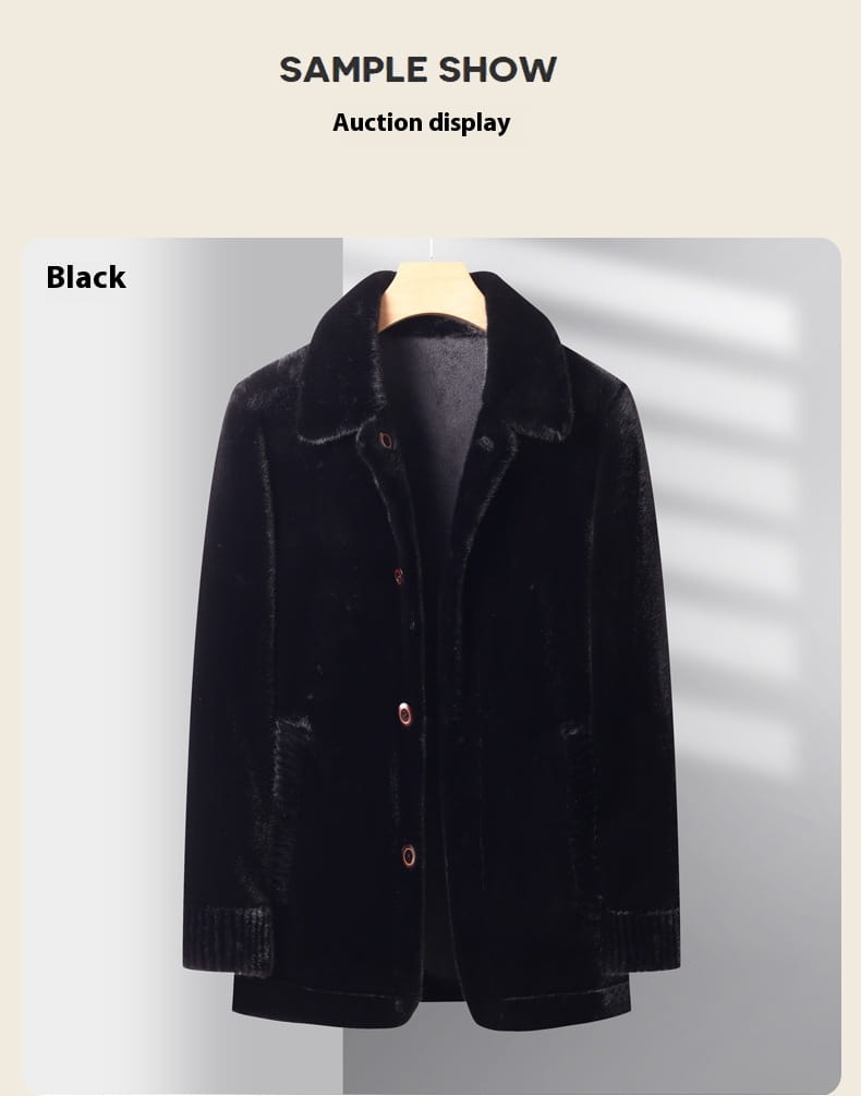 Black velvet faux fur winter coat for men with a plush collar and matching buttons.