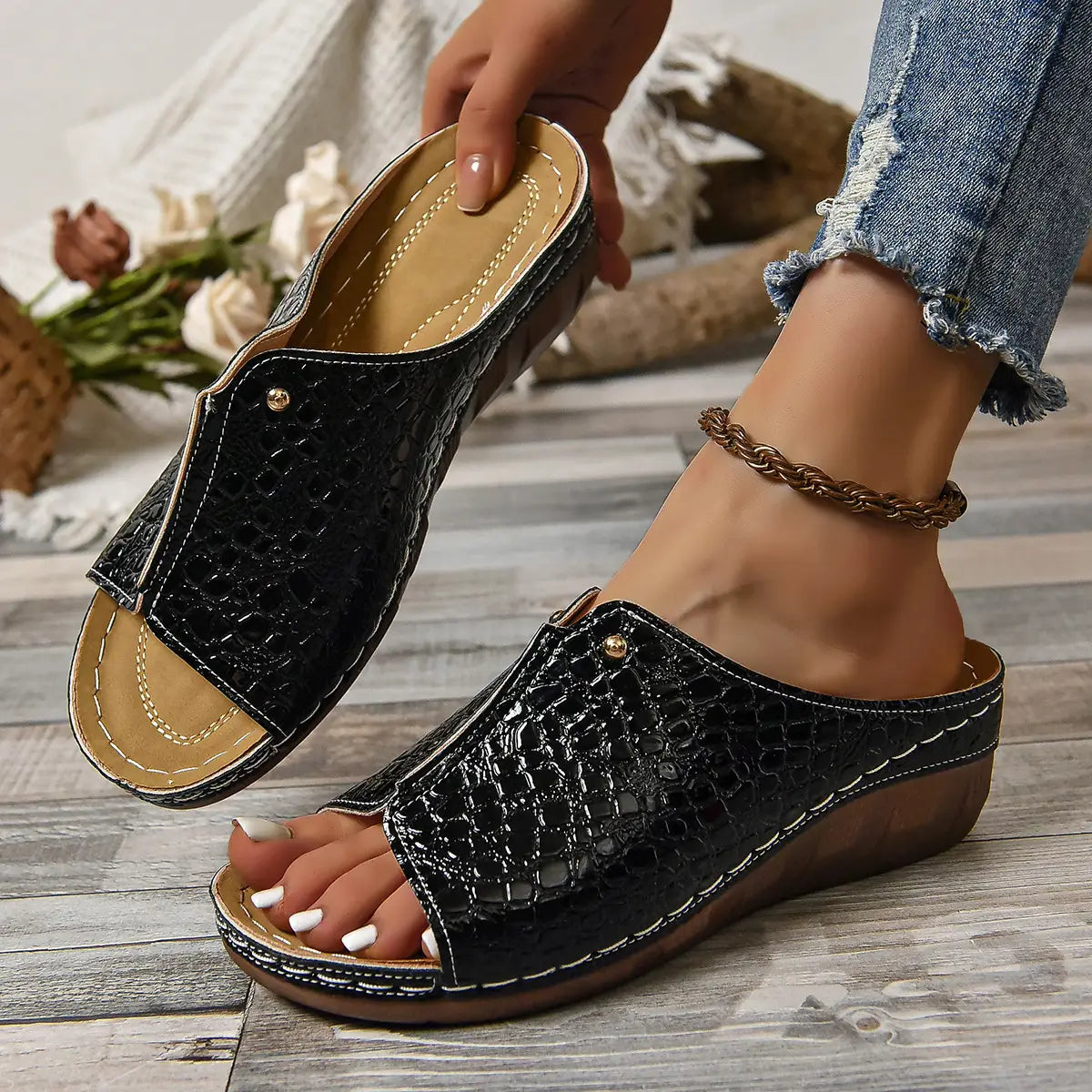 white crocodile-embossed platform wedge sandals for women with brown sole and gold-tone metal accents