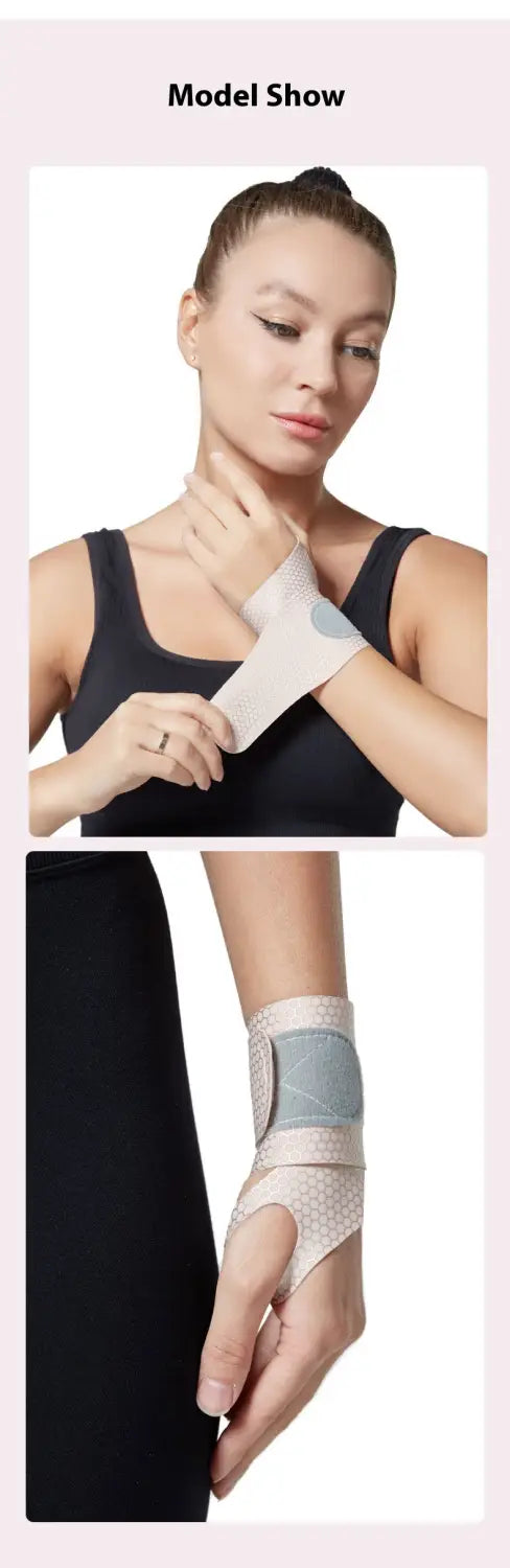 Protège-poignet en nid d’abeille rose beige et gris, avec conception en maille respirante et sangles réglables pour les sports et la récupération après entorse.