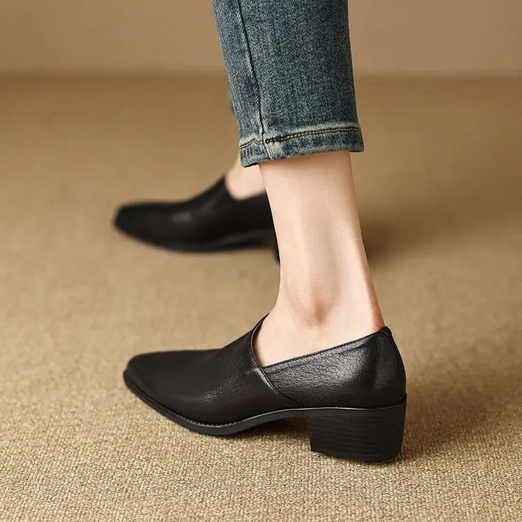 Women leather block heel loafers in black featuring a low block heel and sleek minimalist leather design with square toe shoes