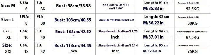 The image displays a size chart for a quilted hooded puffer vest listing measurements and weight recommendations for various sizes.