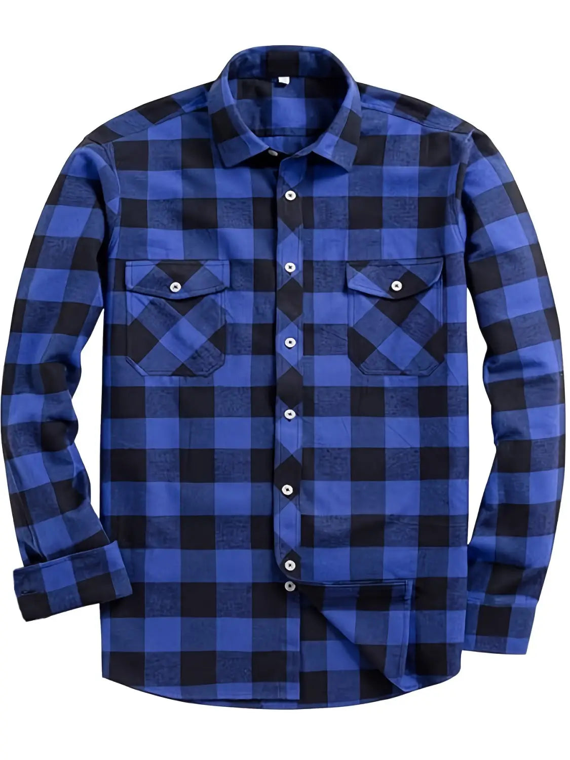 Men’s slim fit plaid flannel button up shirt in blue and black with long sleeves and two chest pockets.