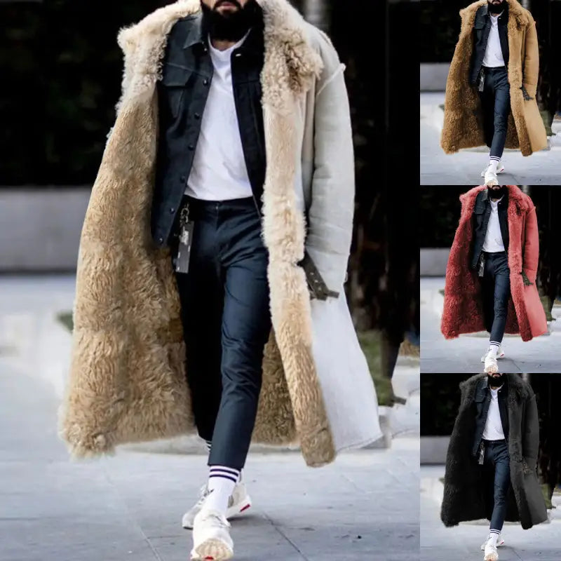 Beige furry long shearling winter coat with a plush textured shearling-lined collar and cuffs.