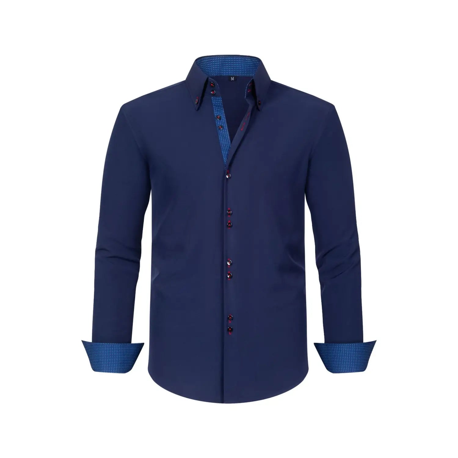 Une chemise habillée stretch à empiècements contrastés bleu marine pour homme, avec un col intérieur et des poignets à motifs contrastants, ainsi que des boutons bordeaux foncé.