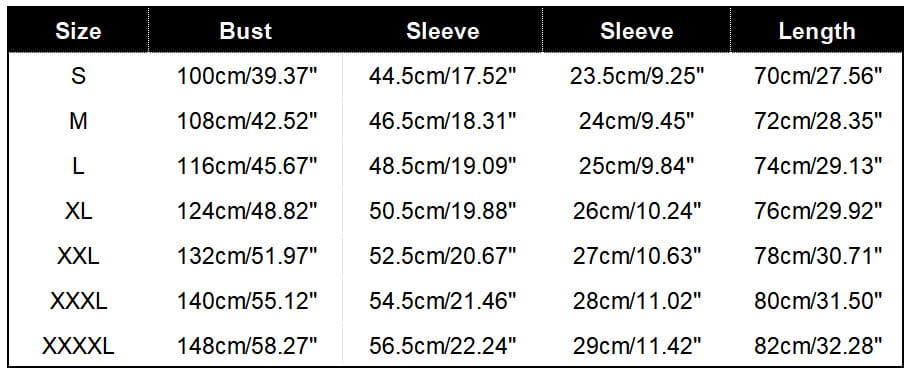 Size chart for a men’s waffle knit half zip short sleeve polo shirt showing women’s garment measurements in centimeters and inches across sizes S to XXXXL.