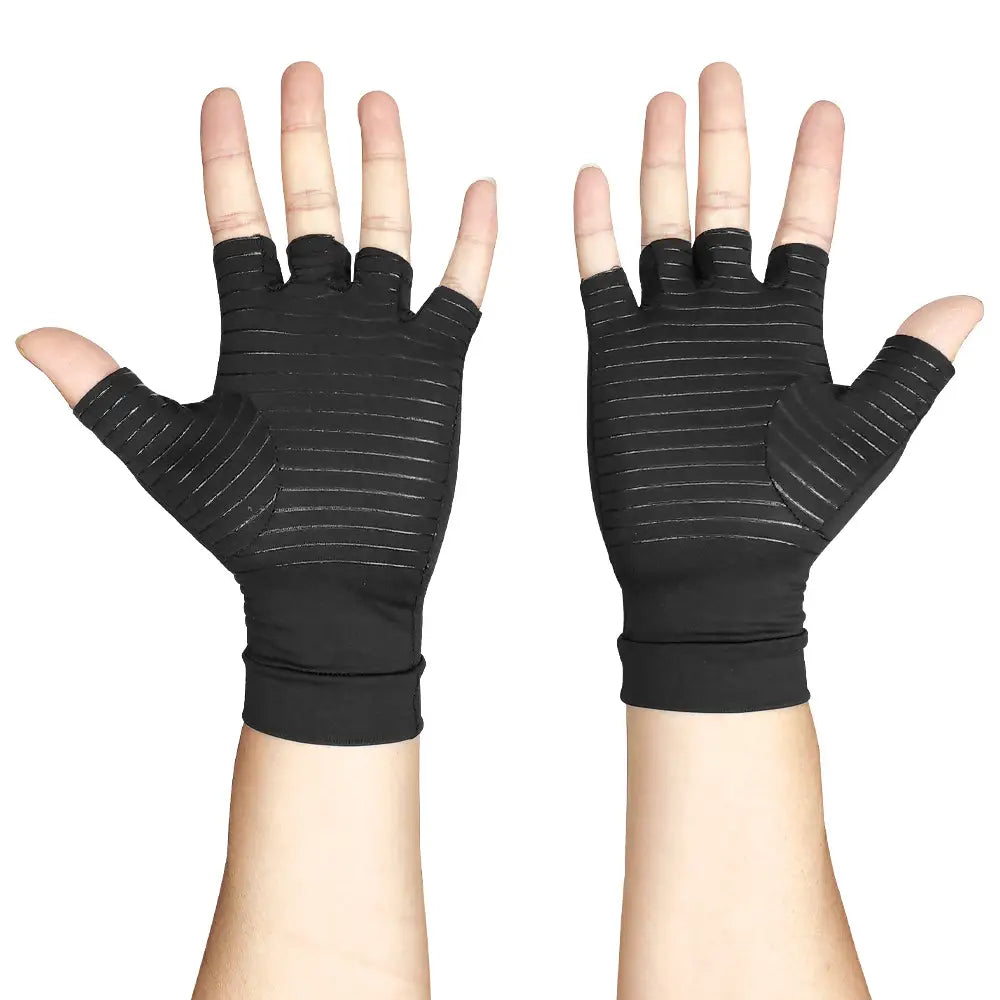 black fingerless compression riding gloves with subtle horizontal ribbed texture and elastic wrist cuffs shown from the back side providing wrist support and enhanced grip