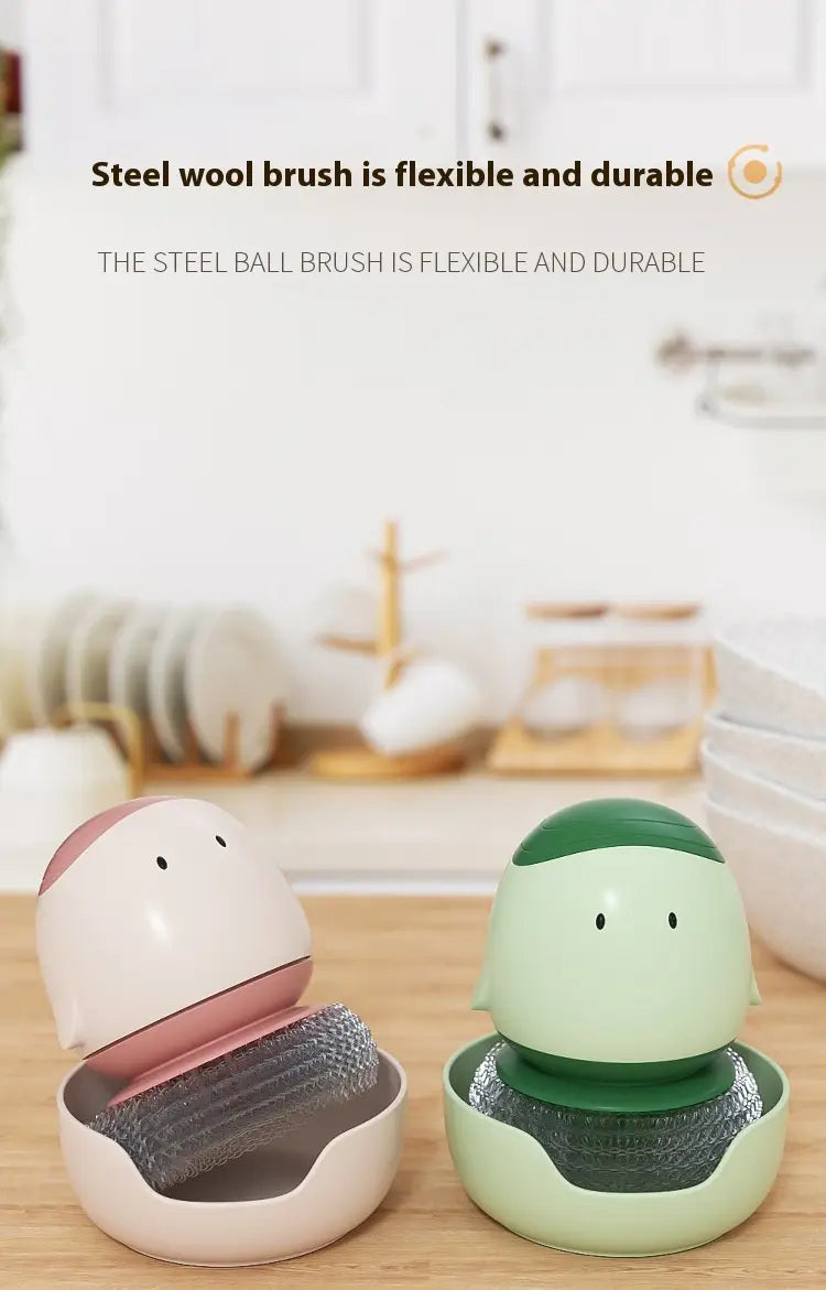 brosses en laine d’acier pastel rose et vert menthe, avec des visages arrondis façon dessin animé, présentées comme brosses pour plat en forme d’œuf, avec des récurants-distributeurs de savon liquide automatiques.