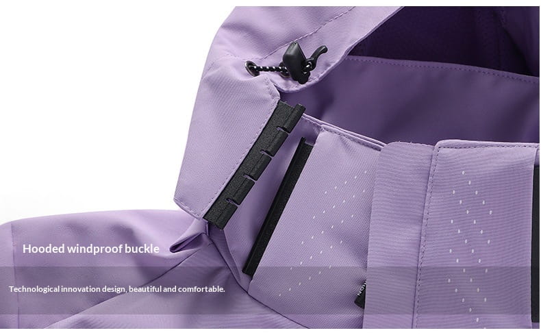 Men’s waterproof sports jacket with a purple hood featuring a windproof buckle and black plastic and fabric accents.