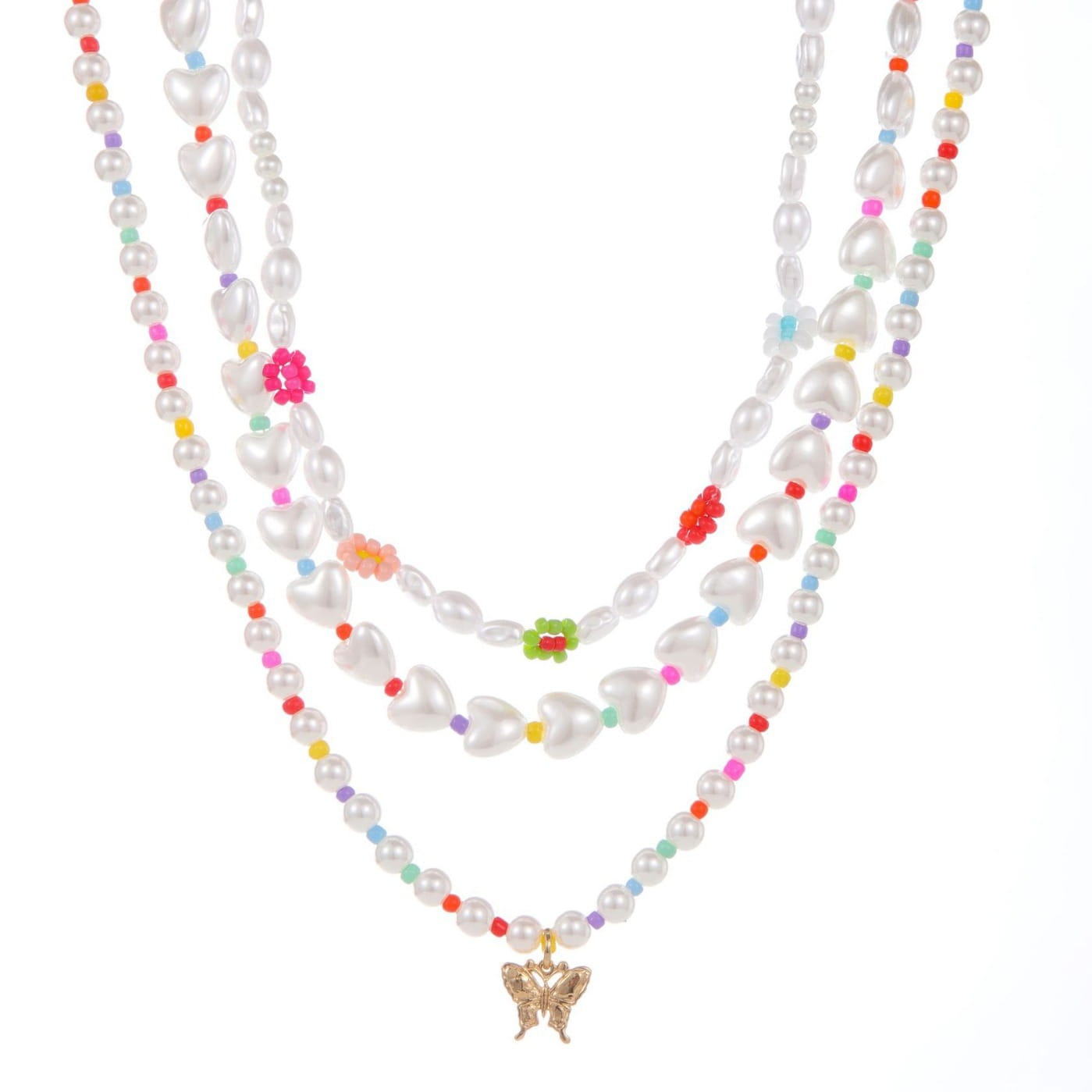 Layered gold butterfly and pearl jewelry set for women featuring a delicate necklace with white freshwater pearls, colorful pink red yellow and green beads, and a gold-toned butterfly charm.