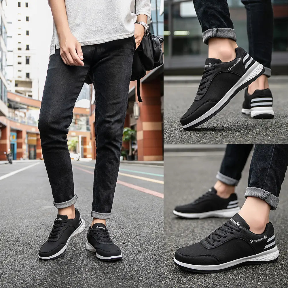 Black strong cavalry breathable mesh casual athletic sneakers featuring white accents and three parallel stripes on the side.