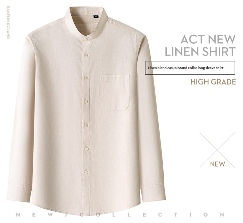 Men linen mandarin collar slim shirt in cream color made from a long-sleeved linen blend fabric with a stand collar and button-down front.