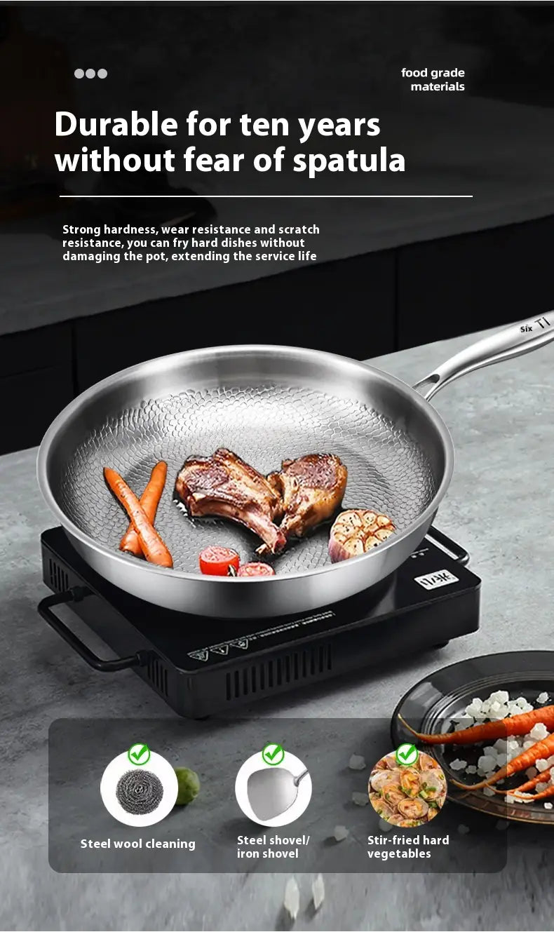 Stainless steel hammered frying pan with long handle made from food-grade materials and durable construction suitable for high-heat cooking in the titanium hammered non-stick frying pan with lid product.
