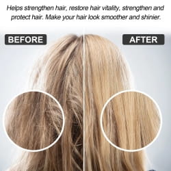 La crème coiffante pour cheveux lissés correctrice de protéines 60 ml montre une comparaison avant/après : des cheveux blonds plus lisses et plus brillants après utilisation.