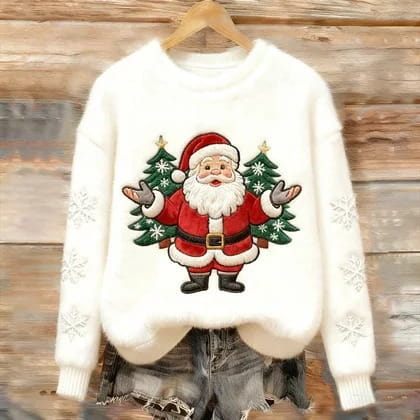 Weißer bestickter Tier-Weihnachts-Crewneck-Pullover mit einem Motiv von Santa Claus, roten und grünen Akzenten sowie Schneeflockenmuster auf den Ärmeln.