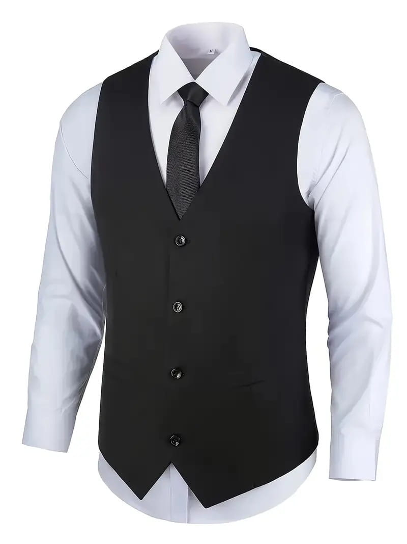 Gilet de cérémonie noir à la coupe ajustée et soignée, avec quatre boutons assortis, issu d’un smoking trois pièces à coupe ajustée.