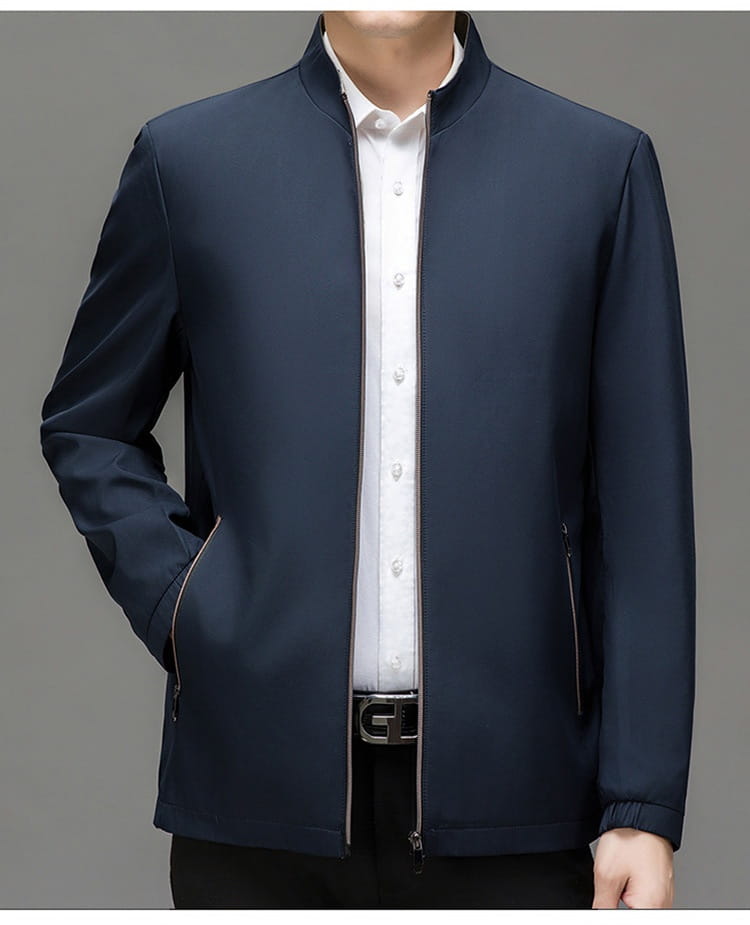 Men casual polo bomber jacket in navy blue featuring a stand-up collar and zippered pockets for a stylish and functional outerwear option.