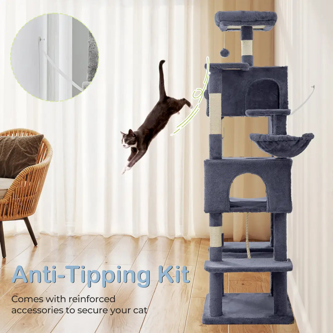 Dark gray multi-level 66 inch multi-cat tree tower and condo with carpeted platforms and scratching posts designed for multiple cats.