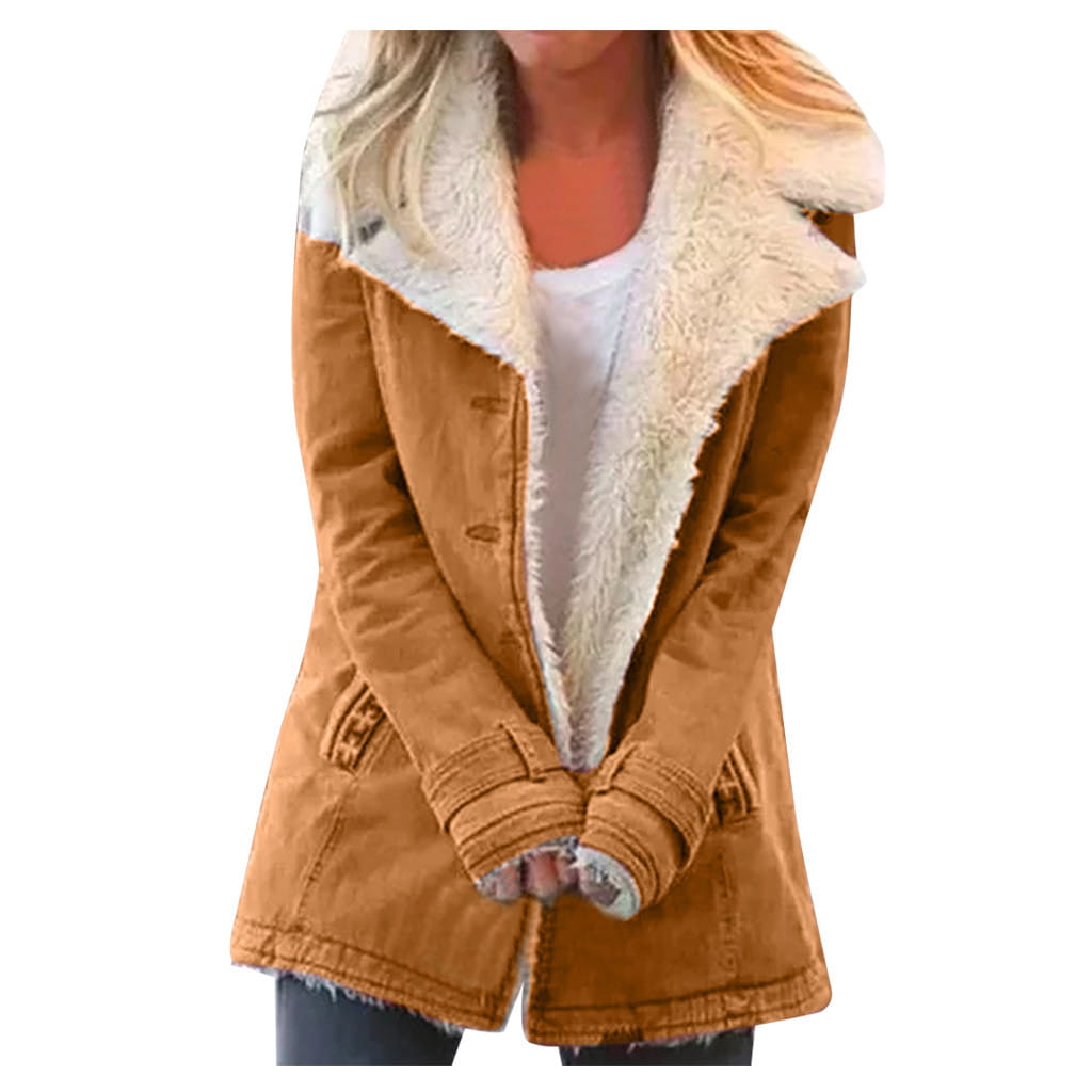 Women’s tan corduroy fleece cotton padded jacket with plush white shearling collar and cuffs.