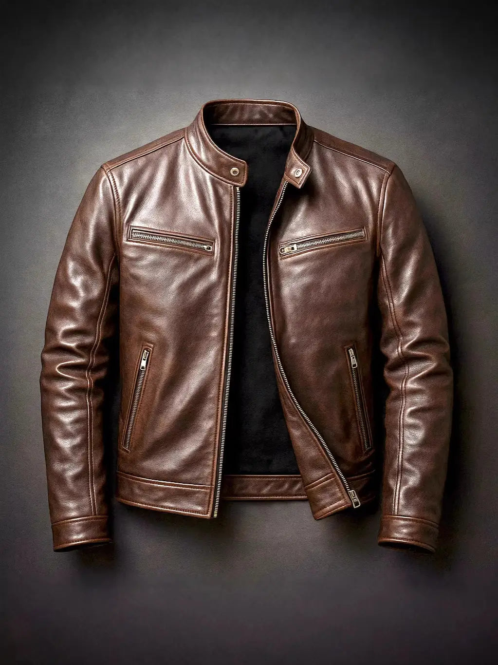 brown pu leather men motorcycle jacket with silver zippers and classic collar shown from the back side