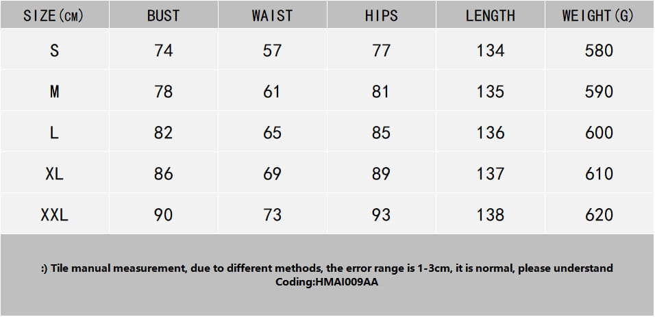 Size chart table for asymmetrical satin batwing sleeve maxi dress showing measurements in centimeters and grams for sizes s through xxl.