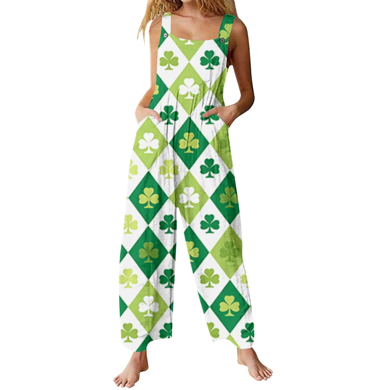suspender pants 3d printed button casual trousers in green and white diamond pattern with shamrock designs.