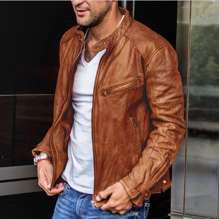 Men pu leather punk motorcycle jacket with a rich tan color, classic collar, front zipper, and subtle stitching details.