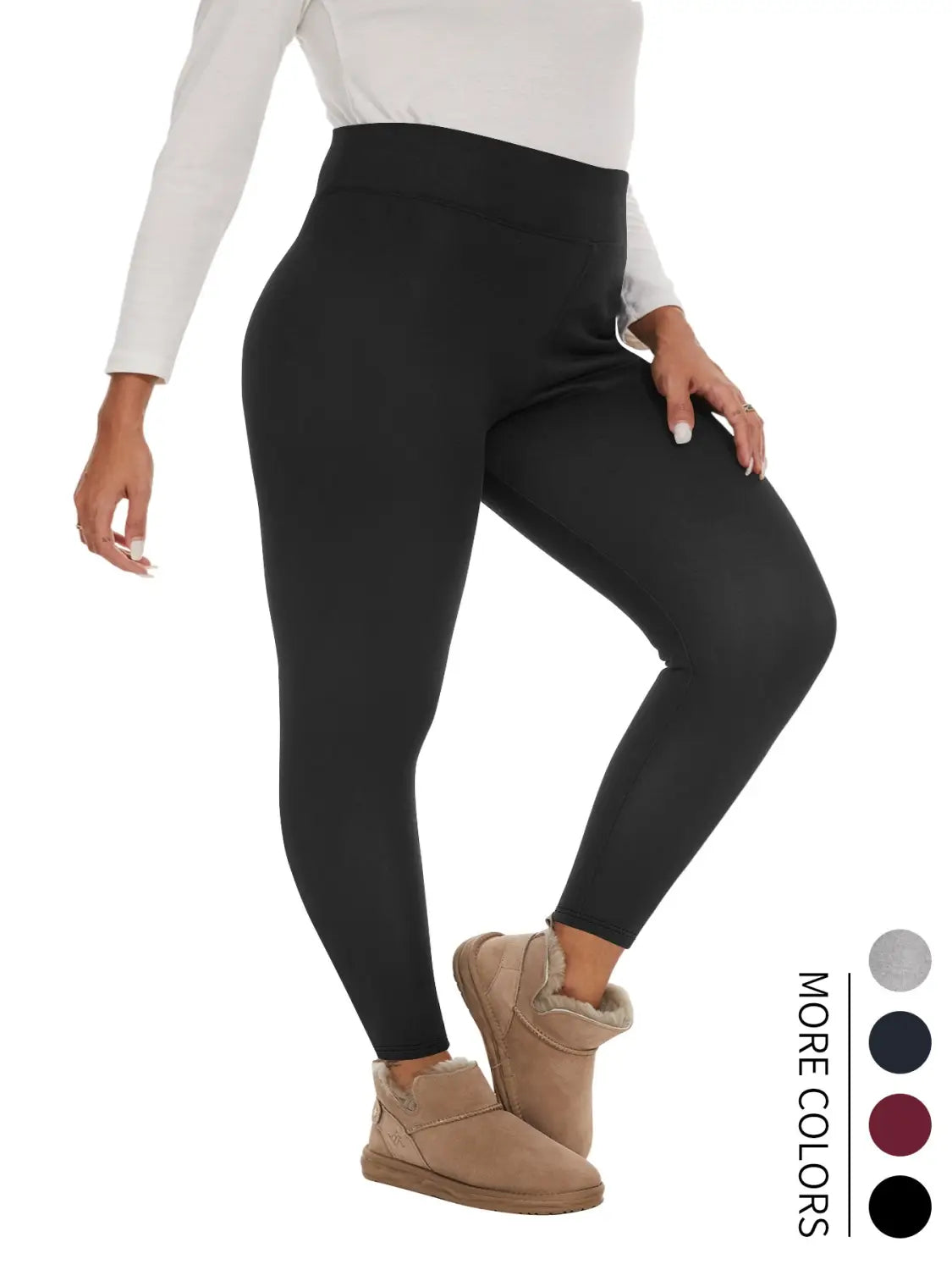 black high waisted winter leggings made from smooth stretchy fleece lined fabric shown from the back side
