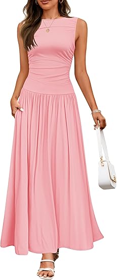 a soft pink sleeveless pleated maxi dress with a fitted bodice flowing skirt and pockets designed for elegant occasions