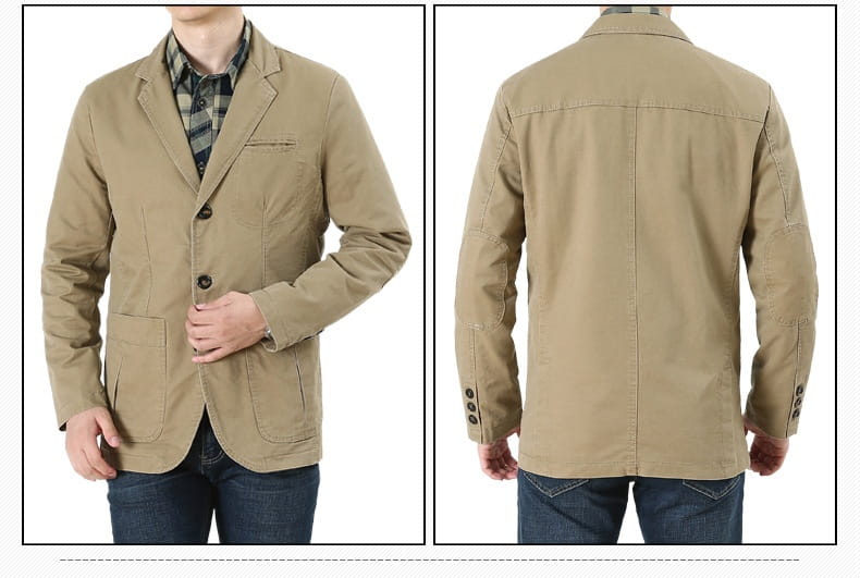 Herren-Übergrößen-Baumwoll-Freizeitblazer in Khaki mit klassischer Passform und dezenten Nähten, mit Knopfleiste vorne.