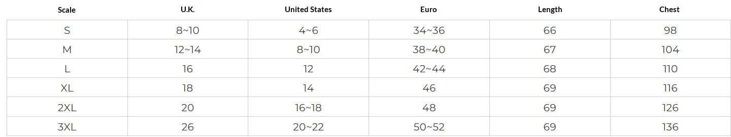 Size chart table for cotton linen ruffle hem shirt displaying uk, us, euro sizes along with corresponding length and chest measurements for various garment sizes.