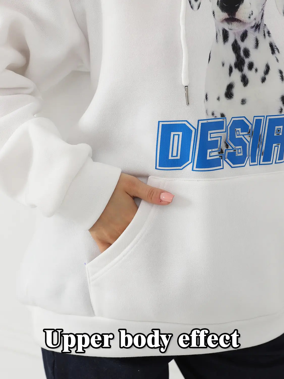 White hoodie featuring a blue desir graphic and dalmatian print on the front with a cat ear hood for women.