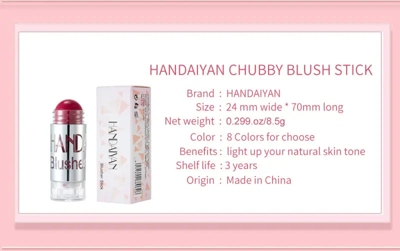 Handdaiyan chubby cream blush stick long lasting face highlighter in pink with a silver metallic cap in a clear cylindrical tube and white branded box packaging.