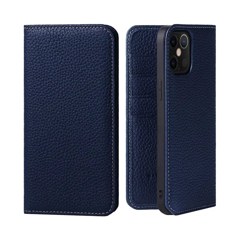 deep navy blue textured leather wallet case for iphone 16 15 14 13 12 11 with contrasting white stitching shown from the back side