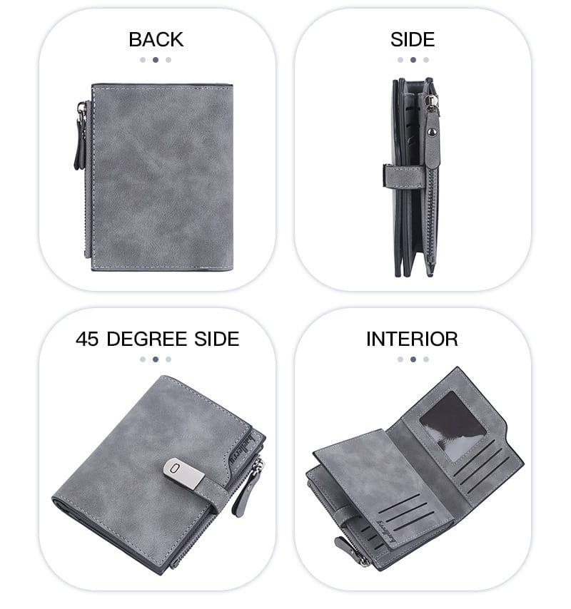 Women’s short faux leather multi slot wallet in gray with textured finish zipper closure and multiple card slots.