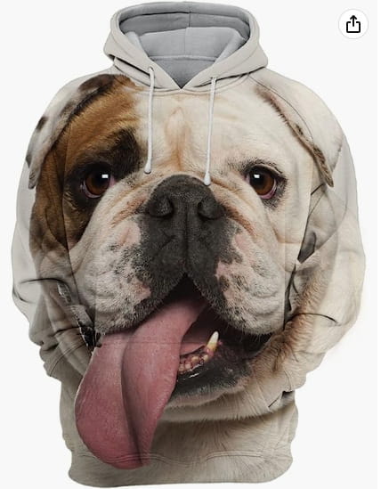 Homme sweat à capuche en pull-over imprimé 3D représentant un portrait de chien, avec un visage de bouledogue beige et brun, une texture de fourrure détaillée et une langue rose dans un design imprimé en 3D.