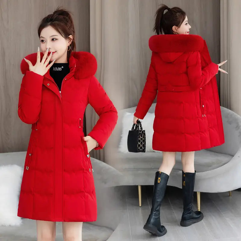 Vibrant red quilted winter coat with a plush fur-lined hood and puffer design for cold weather.