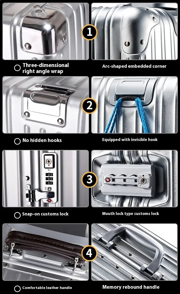Silver aluminum magnesium luggage hardshell spinner suitcase with a sleek modern design featuring an arc-shaped corner, durable leather handle, and multiple locking options.