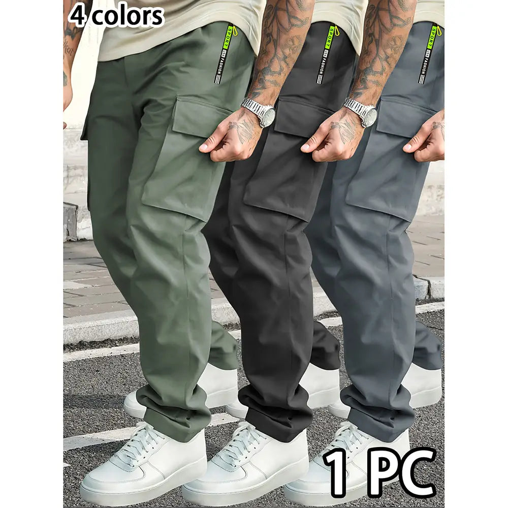 Men’s loose fit neon accent cargo joggers in olive green black and gray featuring large side pockets and a branded zipper pull.