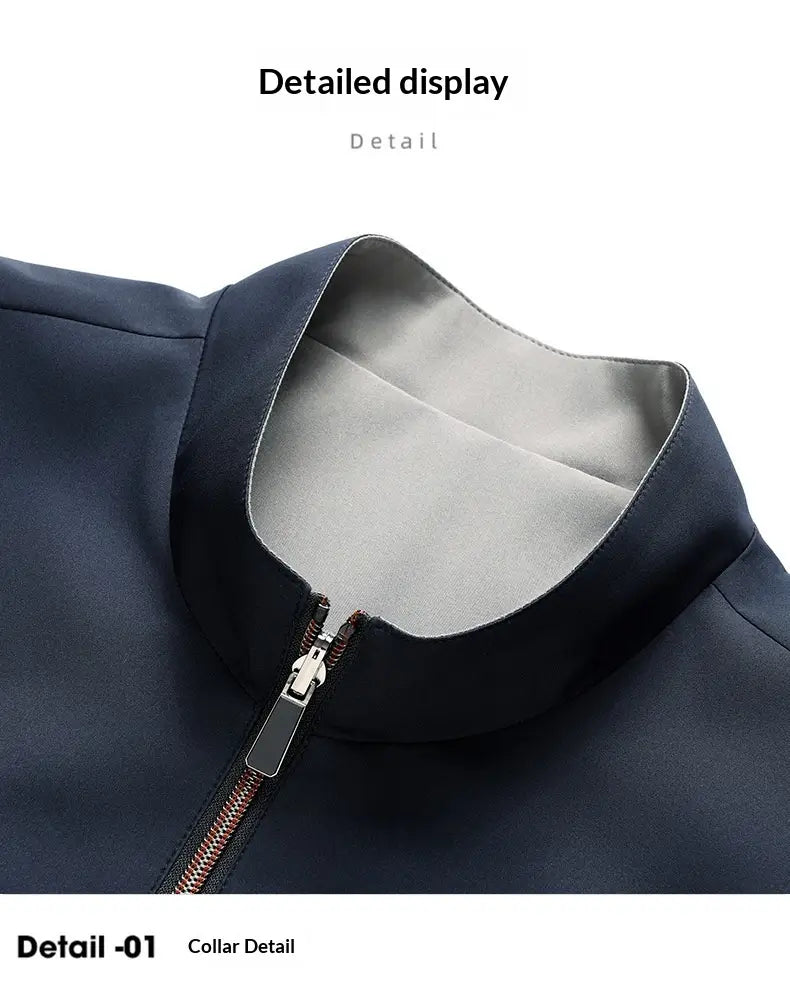 Men casual business stand collar jacket in dark navy with a contrasting light gray inner lining and a silver-toned zipper.