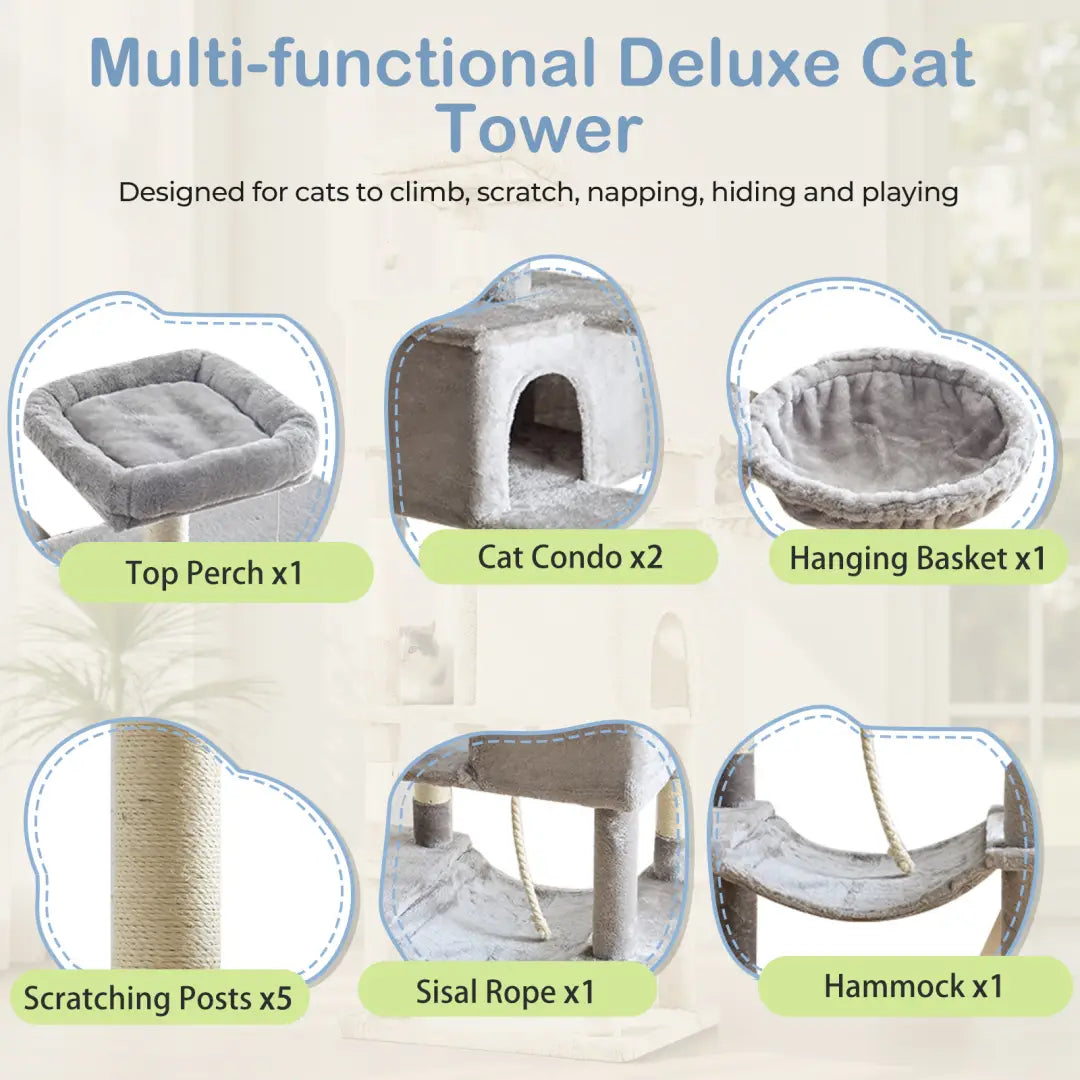 Gray plush 66 inch multi-cat tree tower and condo featuring a top perch, two cat condos, and a hanging basket for interactive feline entertainment.