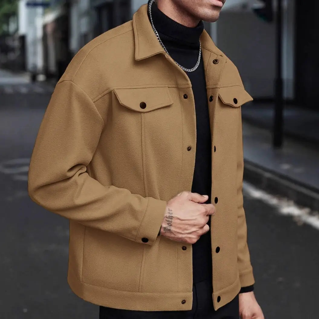 Men’s classic slim fit wool blend lapel jacket in tan with dark brown buttons and flap pockets.