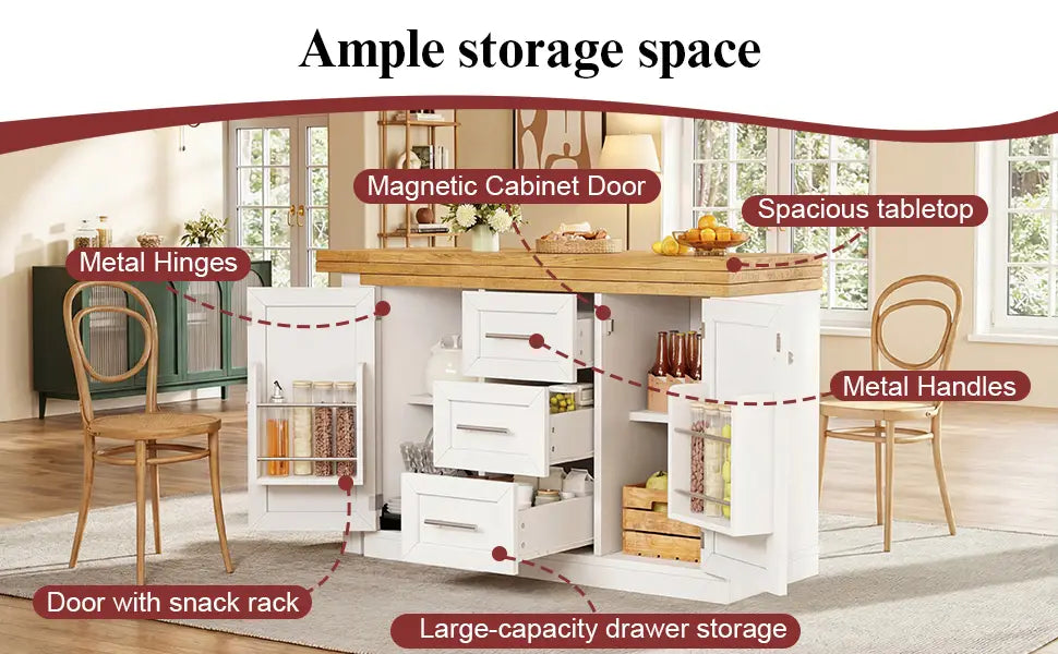 White extendable kitchen island dining table with wooden countertop metal handles hinges and storage