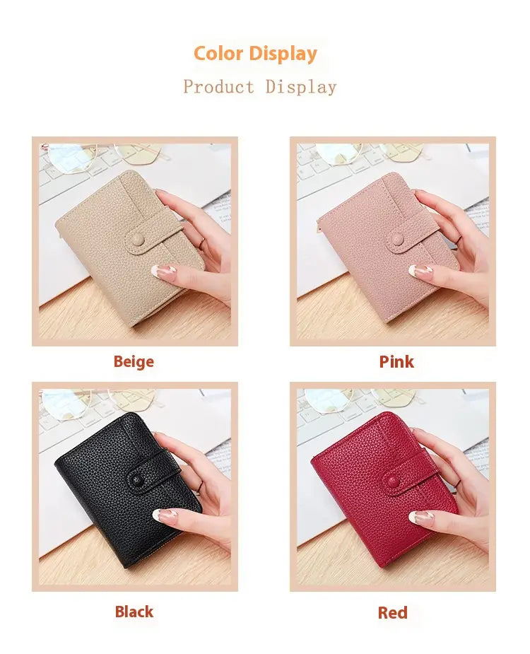Leather mini organ wallet with button closure in beige pink black or red textured leather and snap-button closure