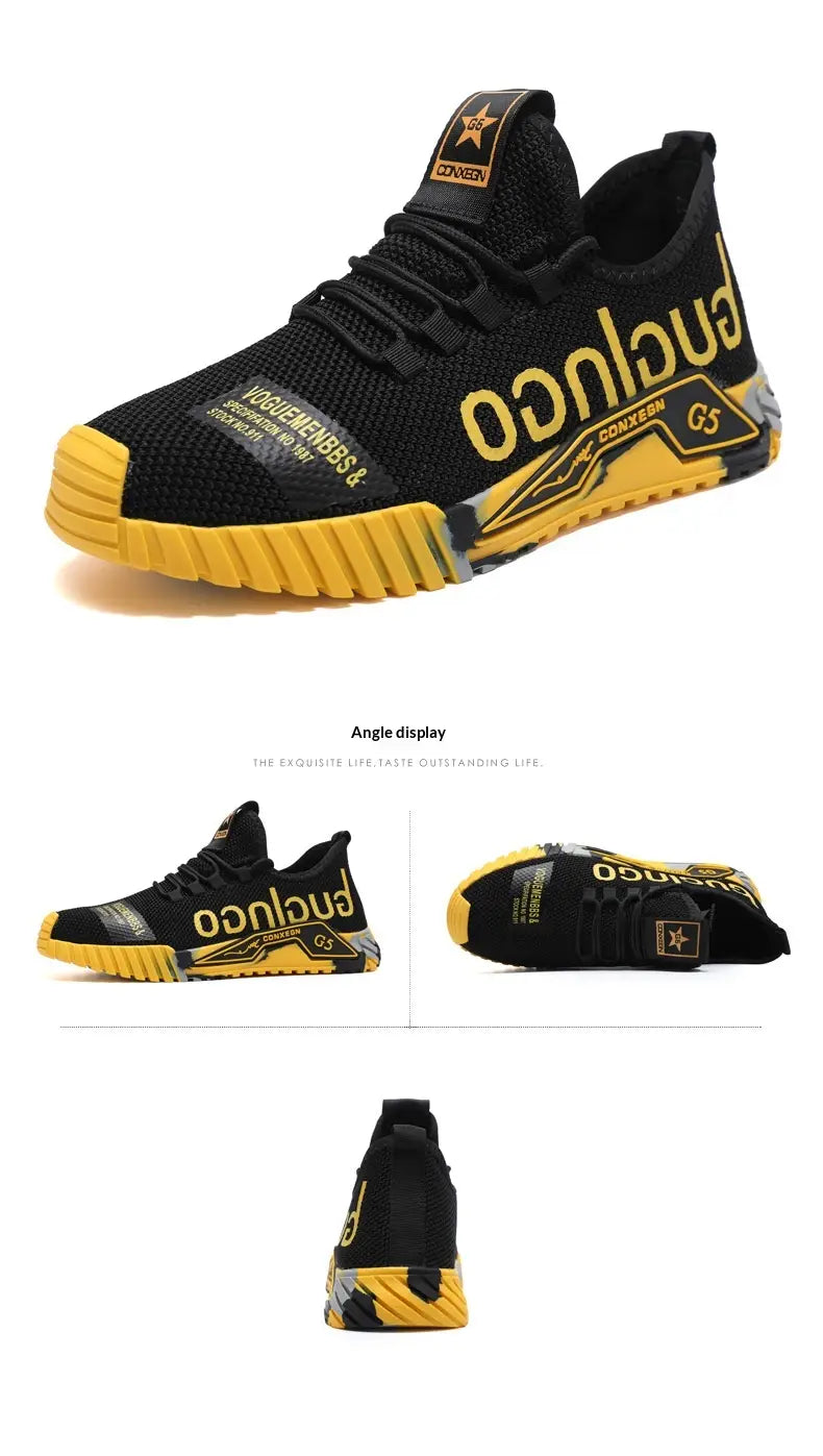 Casual sneakers Guglingo G5 lightweight mesh shoes featuring a black and yellow connex g5 athletic sneaker with a mesh upper bold lettering on the side and a textured rubber sole.