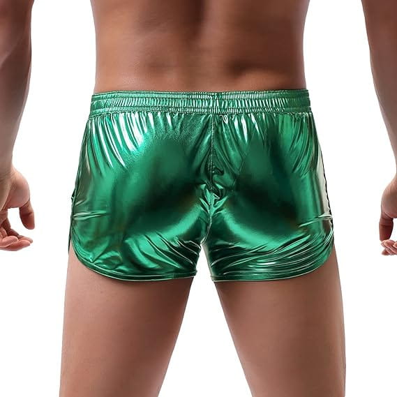 Mens shiny metallic casual shorts featuring swim trunks in emerald green with a sleek reflective finish.