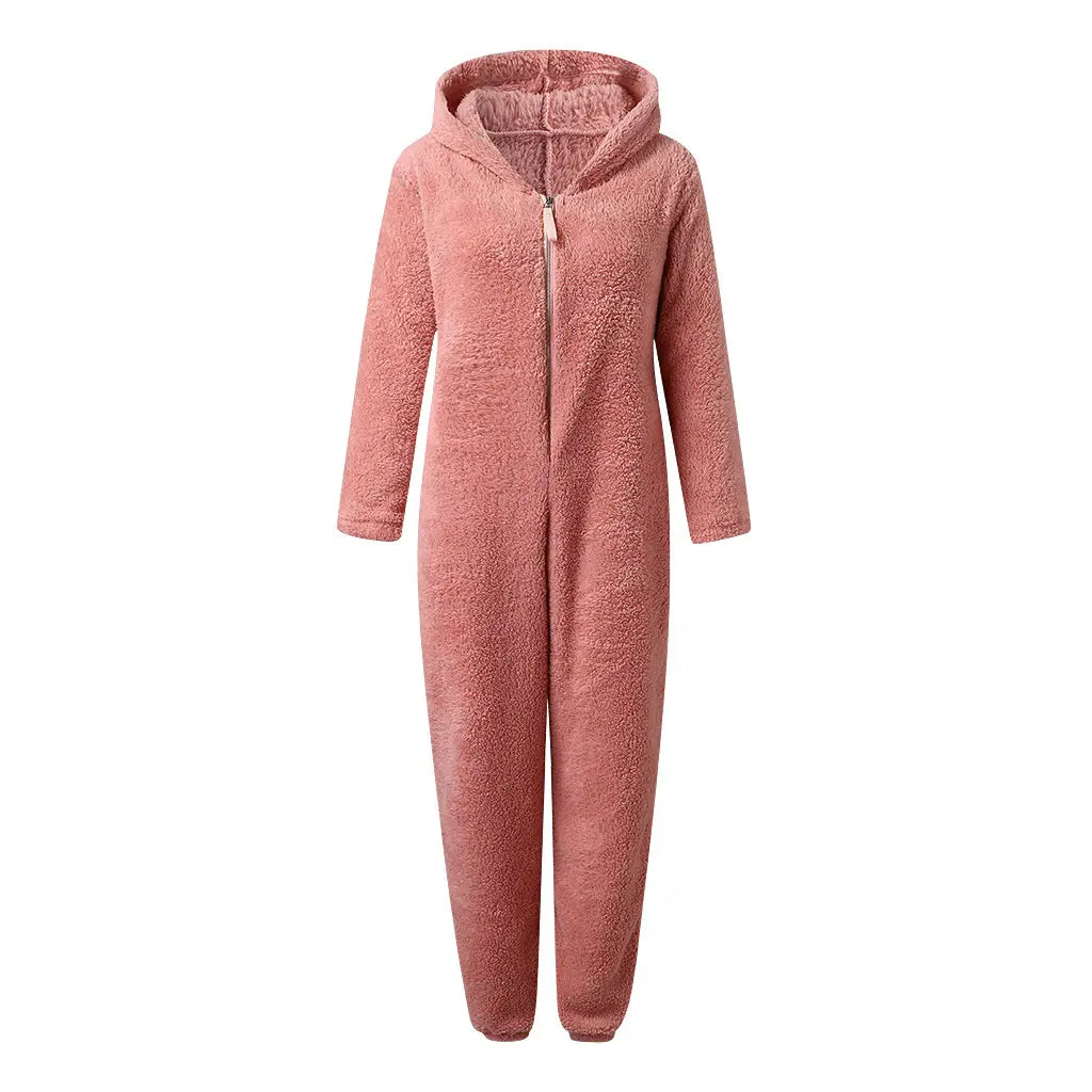 Enterizo tipo pijama acolchado de forro polar suave color rosa con capucha con orejas de gato y cierre de longitud completa, ideal para pijamas cálidos.