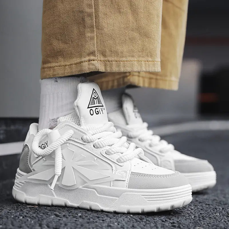 White and light gray ogiv high-top chunky sneakers for men with a textured star design on the side, suitable for Harajuku style low top shoes.