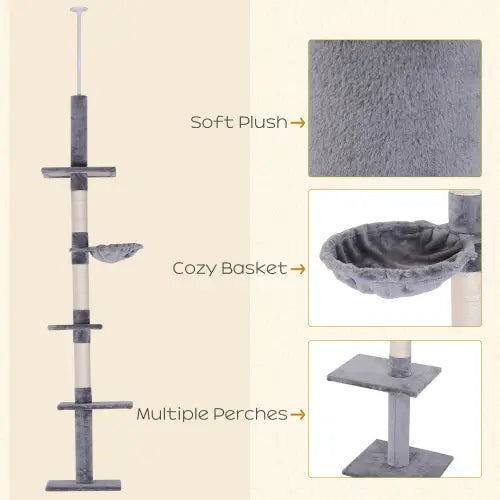 Adjustable floor to ceiling gray and white plush cat tree with a soft textured surface and multiple perches for cats.