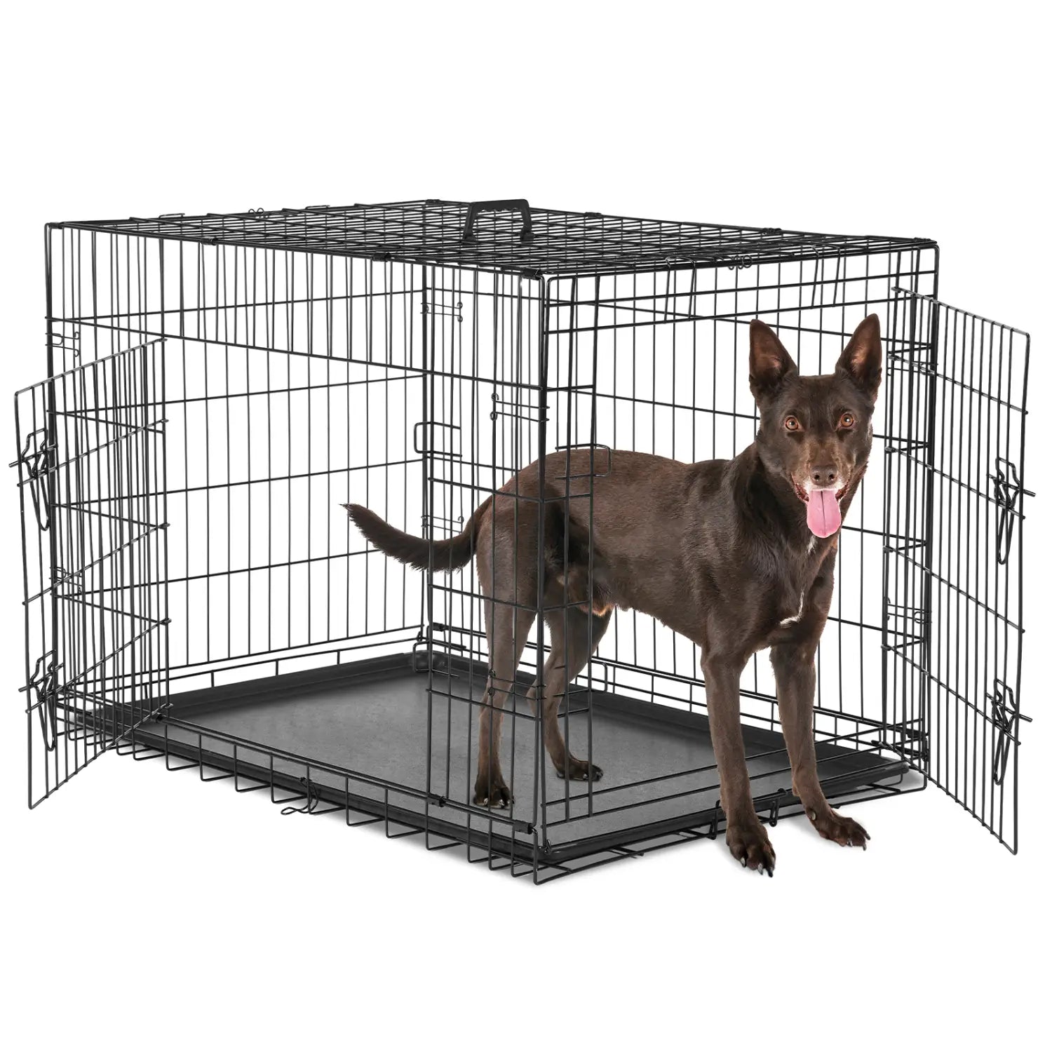 Jaula para perros de malla metálica negra con bandeja extraíble y diseño de doble puerta para una contención segura de la mascota.